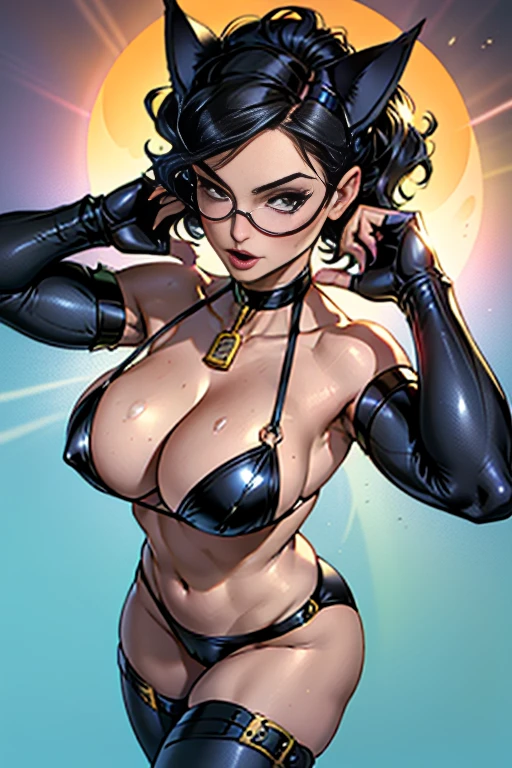 (High quality, best rendering),Catwoman from DC Comics, gigantic cleavage breasts, psychopath, Crazy face, Sexy pose, 2 pieces outfit, No top, Pastel, Centered, Scale to fit the dimensions, Miniature tong, Tiny micro bikini, Pubic hair is exposed,camel-toe