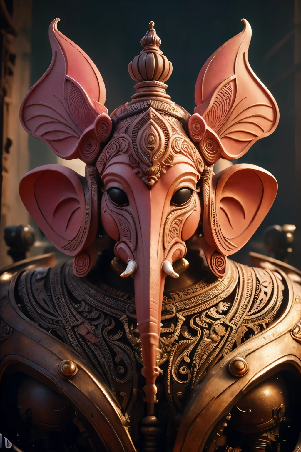 The futuristic representation of the elephantheaded Hindu deity Ganesha is adorned in a vibrant shade of pink reminiscent of a radiant sunset The intricate details of the sculpture showcase peeling paint adding a sense of weathered beauty to the piece Wisps of grey smoke marks dance delicately around the exhaust pipes of the powerful V8 engine creating an ethereal ambiance