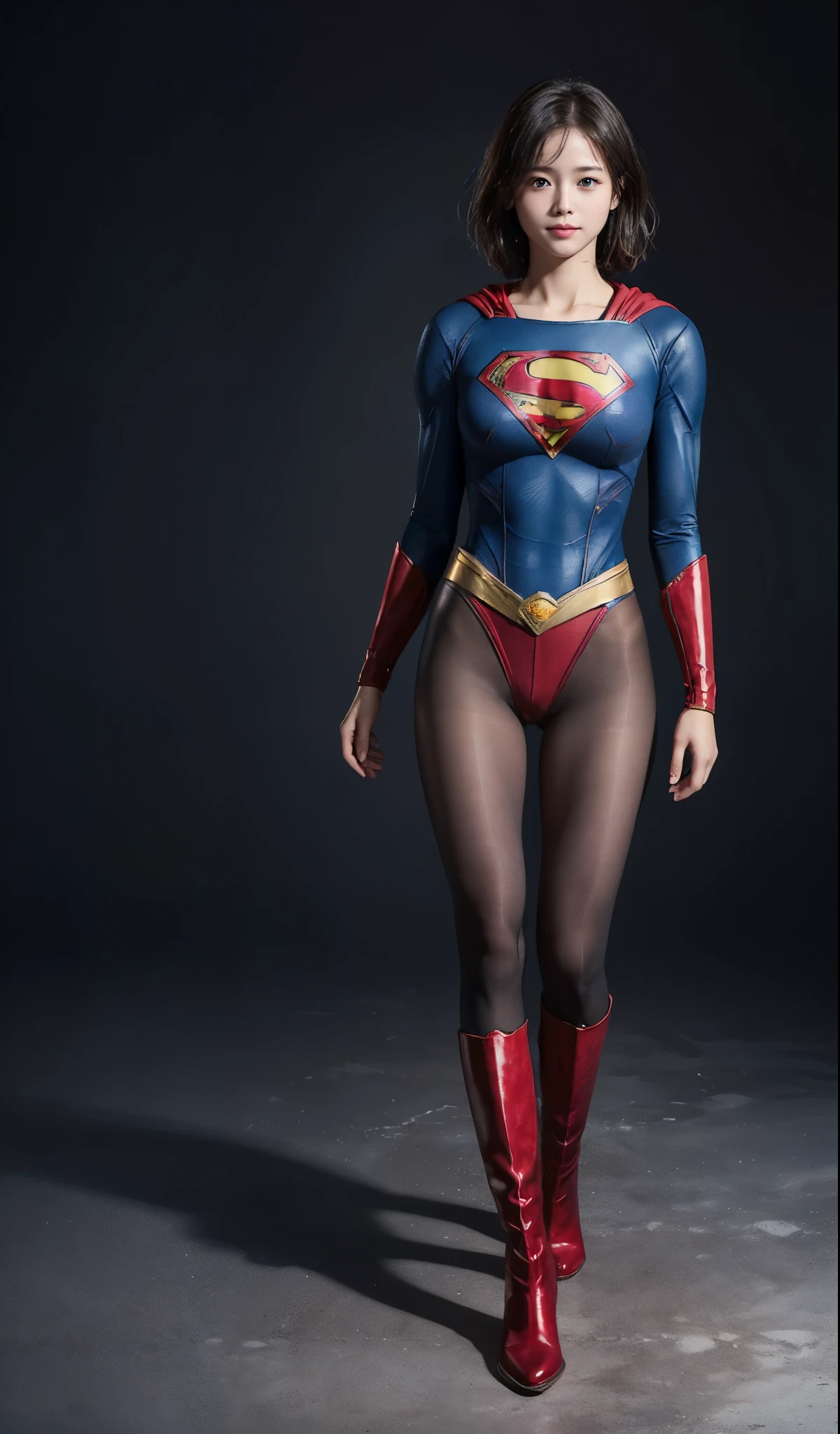 No background、(((Beautiful legs in black tights.)))、(((Legally express the beauty of your smile)))、((((Make the most of your original images)))、(((Supergirl Costume)))、(((beautiful short bob hair)))、(((suffering)))、(((Please wear black tights....、Wear red boots)))、((Best image quality、8K))、((highest quality、8K、masterpiece:1.3))、(((keep background )))、Sharp focus:1.2、Beautiful woman with perfect figure:1.4、Thin abdominal muscles:1.2、Wet body:1.5、Highly detailed face and skin texture、8K