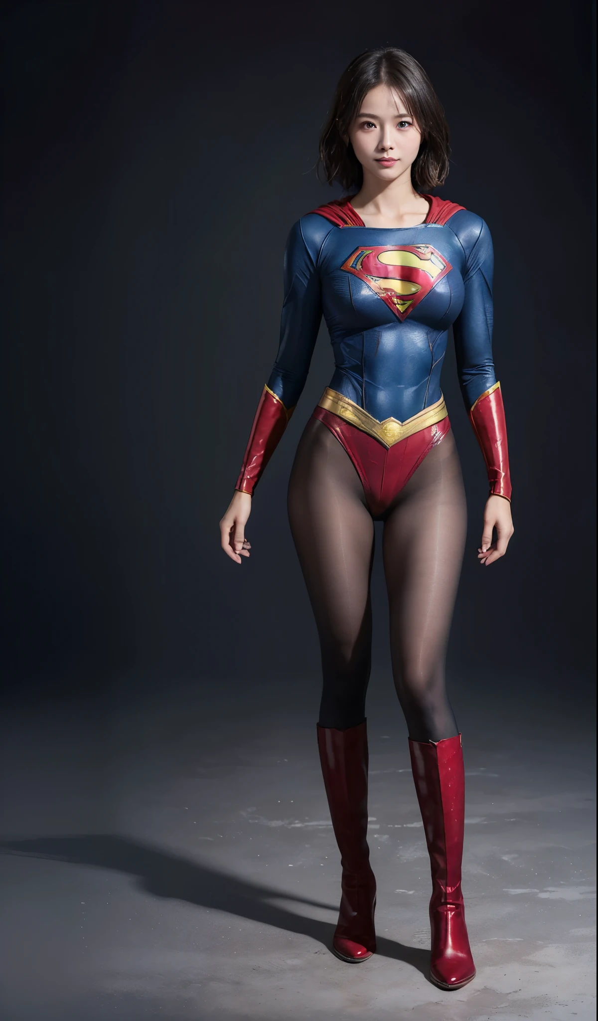 No background、(((Beautiful legs in black tights.)))、(((Legally express the beauty of your smile)))、((((Make the most of your original images)))、(((Supergirl Costume)))、(((beautiful short bob hair)))、(((suffering)))、(((Please wear black tights....、Wear red boots)))、((Best image quality、8K))、((highest quality、8K、masterpiece:1.3))、(((keep background )))、Sharp focus:1.2、Beautiful woman with perfect figure:1.4、Thin abdominal muscles:1.2、Wet body:1.5、Highly detailed face and skin texture、8K