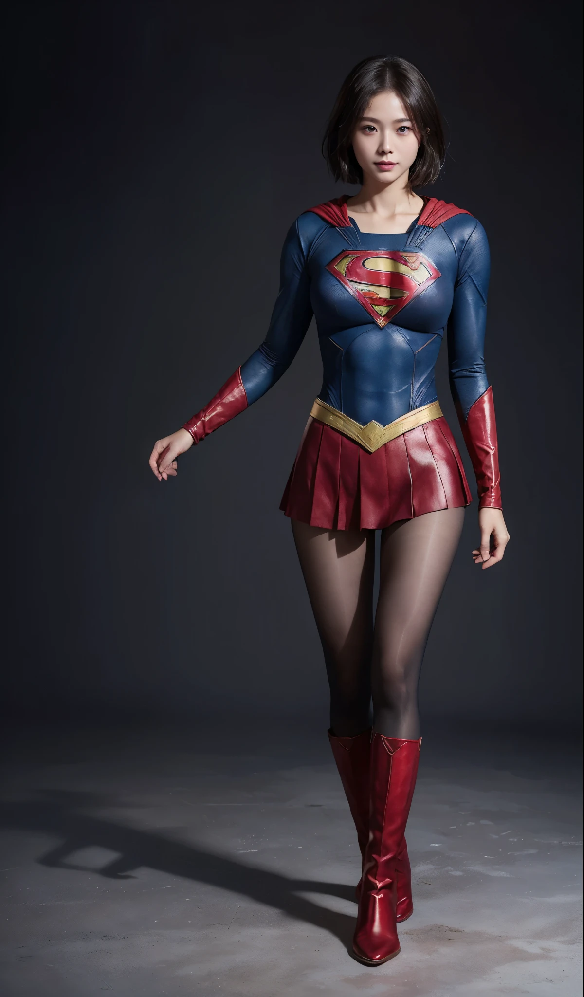 No background、(((Beautiful legs in black tights.)))、(((Legally express the beauty of your smile)))、((((Make the most of your original images)))、(((Supergirl Costume)))、(((beautiful short bob hair)))、(((suffering)))、(((Please wear black tights....、Wear red boots)))、((Best image quality、8K))、((highest quality、8K、masterpiece:1.3))、(((keep background )))、Sharp focus:1.2、Beautiful woman with perfect figure:1.4、Thin abdominal muscles:1.2、Wet body:1.5、Highly detailed face and skin texture、8K