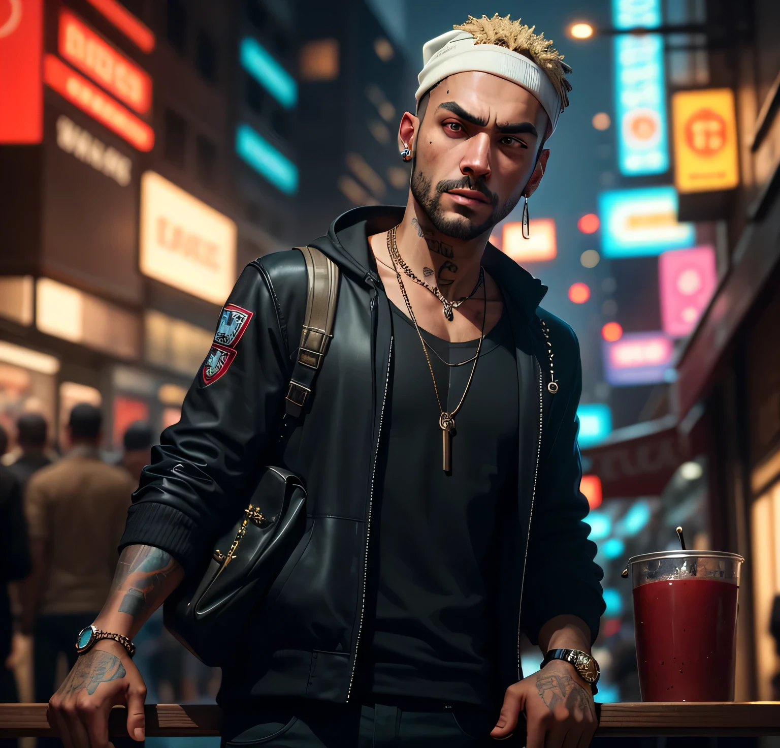 there is a man standing on a bench with a necklace on, cyberpunk street goon, as a character from gtav, gta character, gta 6 style, neck chains, neymar in gta v, tony sandoval. 8 k realistic, rapper jewelry, cinematic full character, highly detailed character, wearing a bandana and chain, high detail iconic character, style of cyberpunk 2 0 7 7