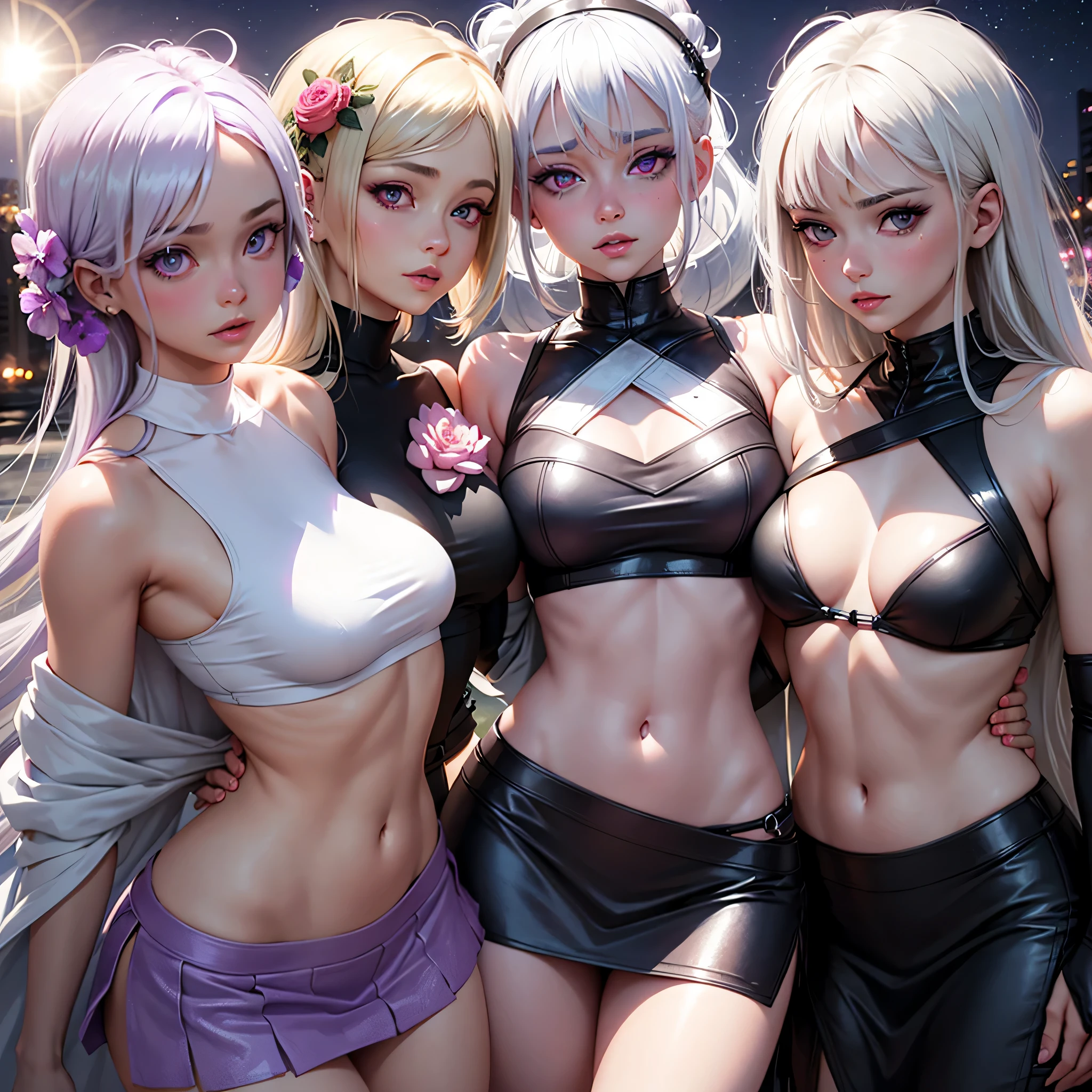 realistic, 3girl, white hair, purple eyes, glowing eyes, crop top, (mini skirt), parted lips, blush, night, flowers, sun, sunlight, (sexy), hot, erotic, 