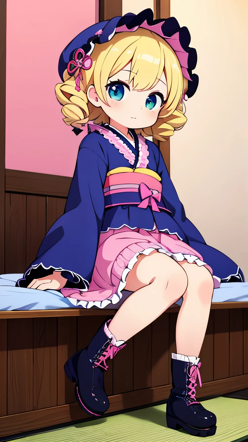 The cutest teenage girls,Blonde curly short hair,Dark blue eyes,Pink kimono,Green band,pink lolita bonnet,Japanese and Western eclectic,Lolita Fashion,kimono,Character portrait,Lace-up boots on the feet