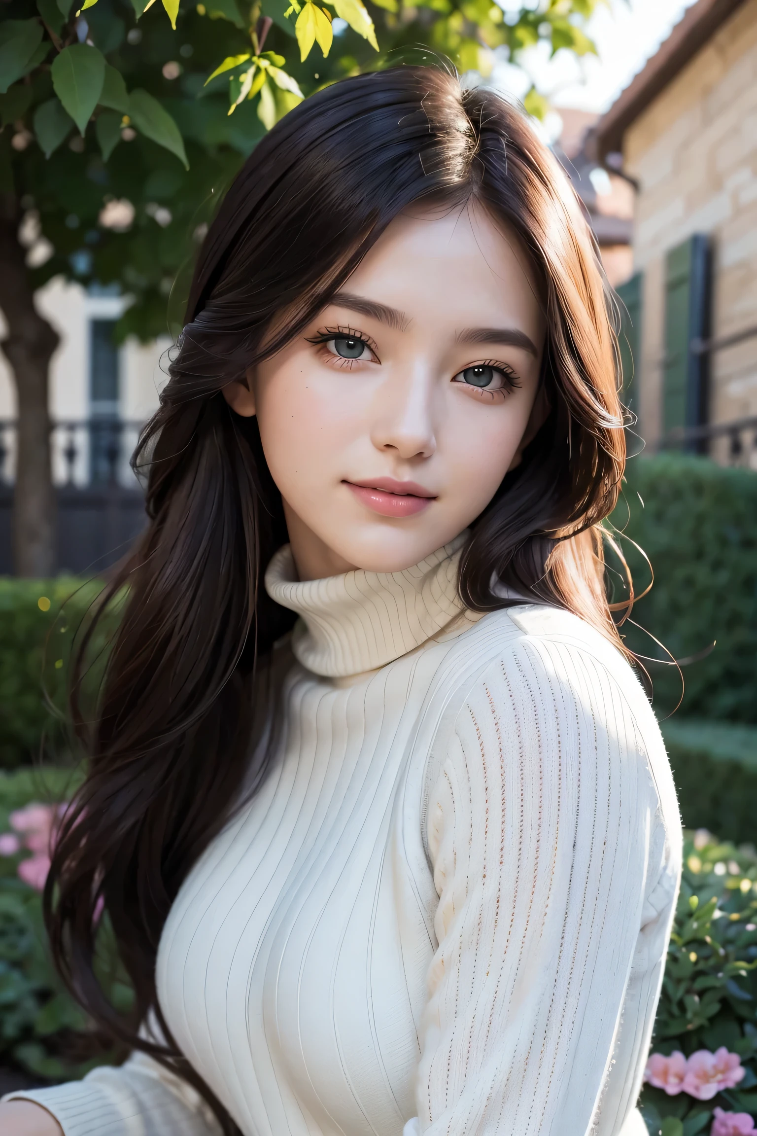 masterpiece,dslr photography,analog style,nikon d5,real photos,beautiful 20 year old woman photo,dramatic lighting(85mm),Blooming garden in the background,(detailed facial features),(detailed shiny eyes),dynamic angle,michelangelo style,long hair,turtleneck sweater,smile:1.4,