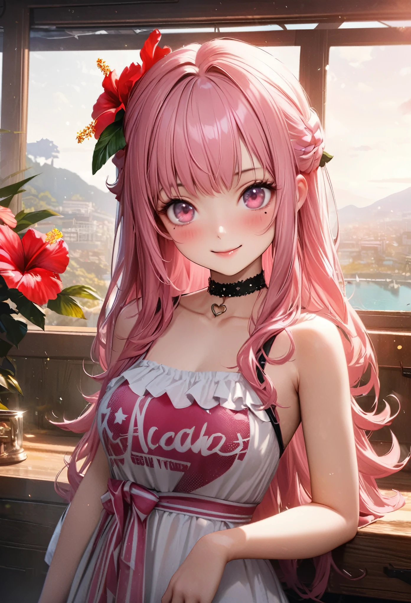 masterpiece, highest quality, Very detailed, High resolution, Expensive resolution, High resolution, 4K, 8k, unity 8k wallpaper, Very detailed CG, masterpiece, Realistic、 Beautiful details, depth, Fine texture, highest quality: 1.3, Total concentration, Crisp skin, he, Very cute anime, Cute like an idol, expensive pink long hair, One Girl, Aloha One Piece, morning, morning食, Hibiscus Hair Accessories, Smiling long pink hair, whole body, Mole under eye, Line Sight, expensive, blush, Lips parted, heart, Pink Eyes, choker