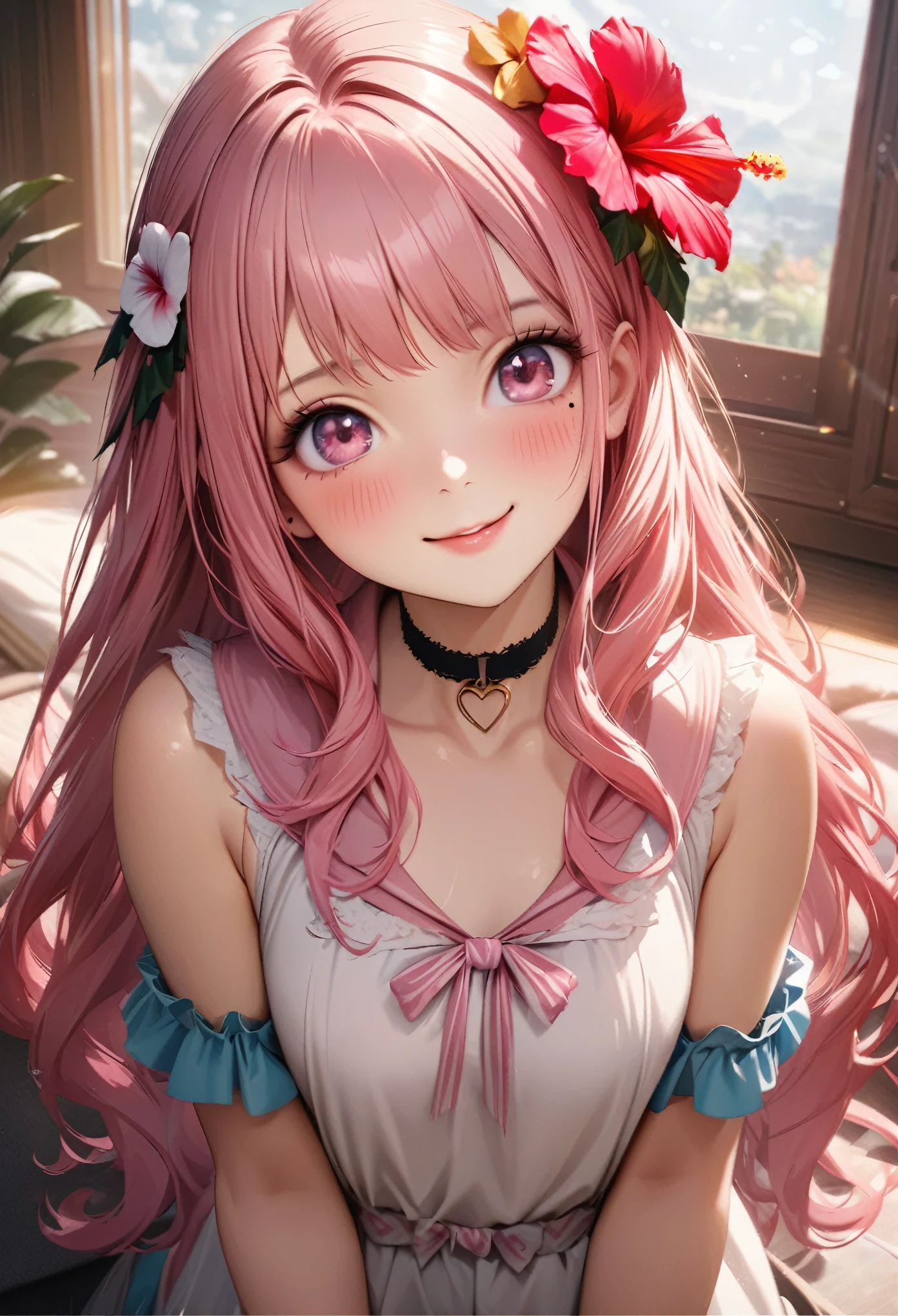 masterpiece, highest quality, Very detailed, High resolution, Expensive resolution, High resolution, 4K, 8k, unity 8k wallpaper, Very detailed CG, masterpiece, Realistic、 Beautiful details, depth, Fine texture, highest quality: 1.3, Total concentration, Crisp skin, he, Very cute anime, Cute like an idol, expensive pink long hair, One Girl, Aloha One Piece, morning, morning食, Hibiscus Hair Accessories, Smiling long pink hair, whole body, Mole under eye, Line Sight, expensive, blush, Lips parted, heart, Pink Eyes, choker