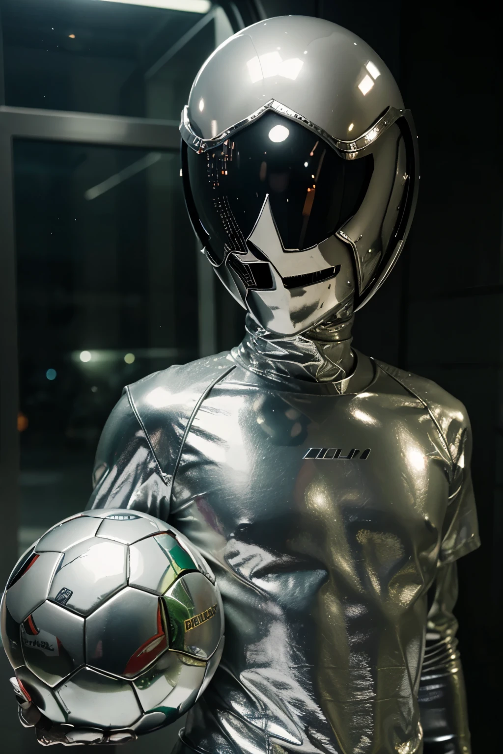 a friendly alien, wearing a silver outfit and glass helmet, his appearance is greenish and he holds a soccer ball in his hand