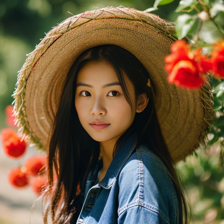 Young Asian woman with long, flowing hair, Looking at the camera,) Focus on the face clearly,) The countryside outdoors has bright red flowers all around and an old thatched hut., Wear a blue jean jacket.,deep black,)  Exaggerated colors,) 8K images, Shot with a high quality camera with 45000000000 pixels.