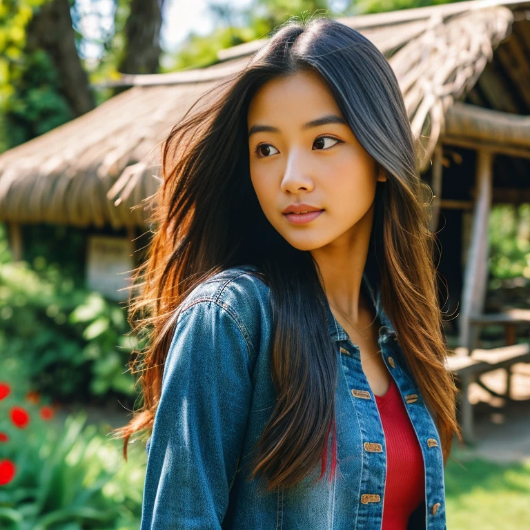 Young Asian woman with long, flowing hair, Looking at the camera,) Focus on the face clearly,) The countryside outdoors has bright red flowers all around and an old thatched hut., Wear a blue jean jacket.,deep black,)  Exaggerated colors,) 8K images, Shot with a high quality camera with 45000000000 pixels.