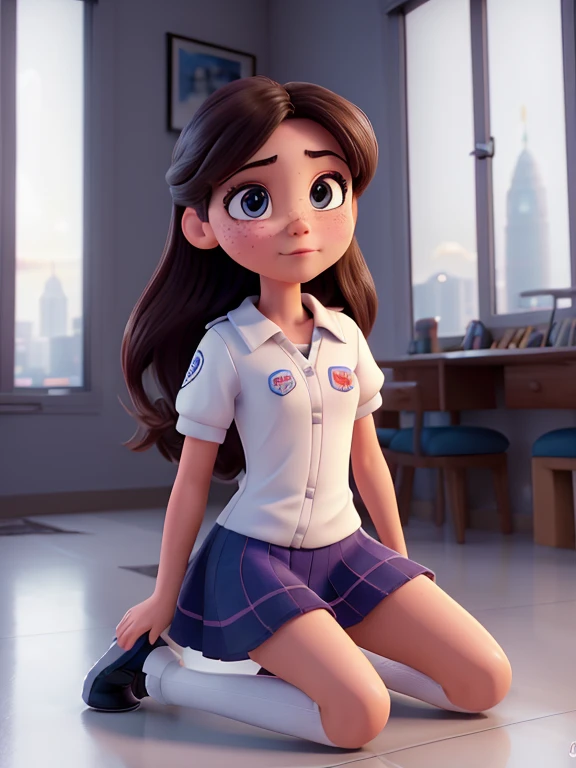 cerrar 1 chica en, adolescente, Solo, Aesthetic work, rubio, straight rubioe hair, super long rubioe hair, ojos azul claro,  some small freckles, pale skin, small breasts, escote, cuerpo de corredores, (caderas delgadas, cintura delgada: 1.25), Piel detallada, cara neutra, Labios partidos,(kneeling action shot: 1.25), vistiendo una blusa blanca de manga corta con botones, desabrochado, falda corta plisada rosa, uniforme de colegiala, (oreja de zorro blanco, cola de zorro blanco:1.25), (cuerpo completo: 1.1), fondo de techo de ciudad muy detallado, Techo, con vistas a la ciudad de medianoche, 24mm, texturas 4k, soft cinematic light, CRUDO intrincado, elegant, Muy detallado, sharp focus, ((((cinematic look)))), tonos calmantes, detalles locos, detalles intrincados, hiperdetallado, Bajo contraste, soft cinematic light, colores tenues, Exposure Mix, hdr, despondent