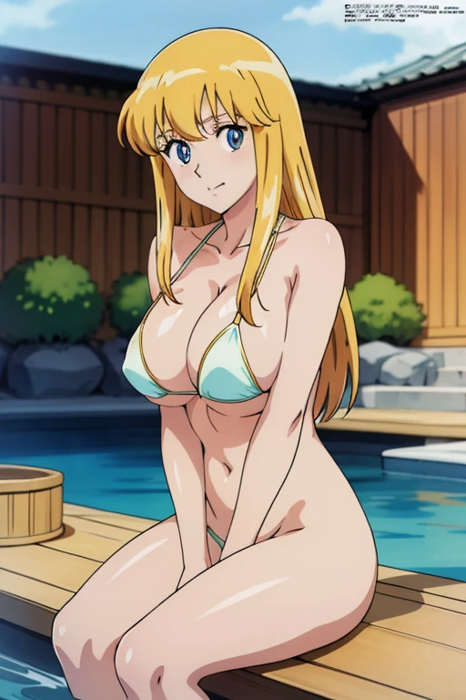 (anime cels style, Masterpiece, best quality, high resolution, anime colored, megami magazine:1.2, anime poster style, anime keyvisual, sharp, 8k, photorealistic), (beautiful eyes:1.5), reiko_aiwaifu, 1girl, blond hair, long hair, (sagging huge breast), (beautiful nude), bikini, cleavage, (upper body:1.3, sitting), (perfect detailed anatomy, perfect arms, perfect fingers, beautiful face, perfect body, shiny skin), onsen, 