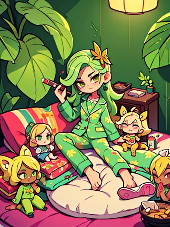 canabis, chica fumeta, bratz doll, malcriado, Atuendo lascivo, traje acogedor, sexy pajamas, ropa interior de hoja de marihuana, bragas de marihuana, fumar en la cama, fumar un porro, Fumar un porro.