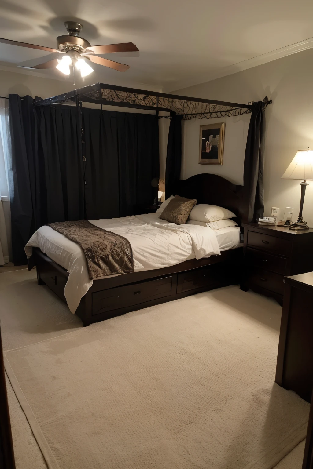 dormitorio convencional con una cabecera grande y elaborada, ropa de cama con estampados llamativos, mesitas de noche con cajones y tiradores decorativos, y un armario con puertas ornamentadas y molduras detalladas.