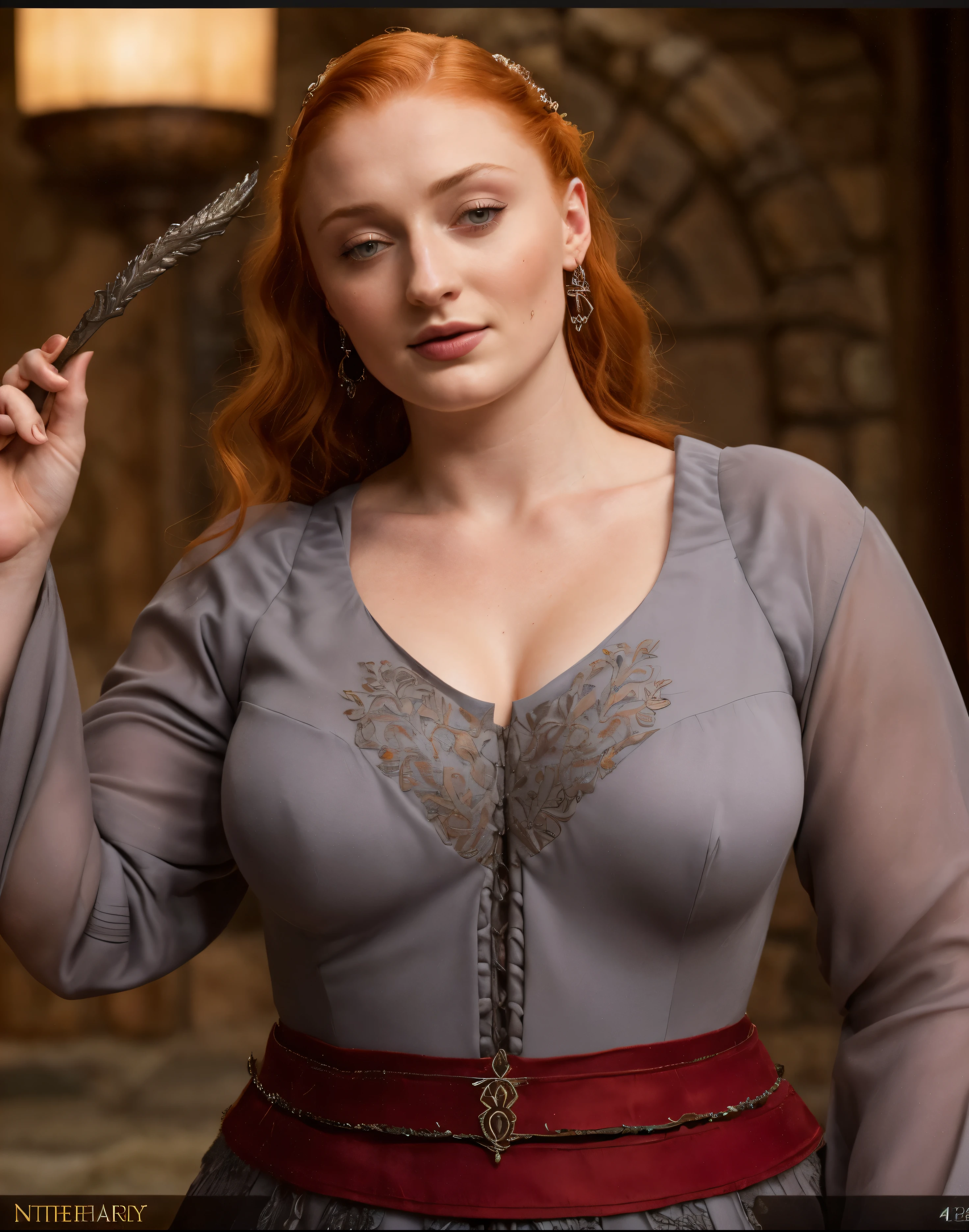 Face of Sophie Turner, Sansa Stark played by Sophie Turner, the de facto Lady of the Eyrie, is a 40-year-old mature queen with a stunning, alluring appearance. Full Face, pierced eyes, reddish lips, upper body shot, erotic Mediaeval costumes, game of thrones costumes, She wears a Game of Thrones-inspired costume and has a deep cleavage, a perfect thick body, and a perfect thick figure. The photograph captures her in a close-up, with her skin texture and facial features being ultra-realistic and realistic. Juicy thick figure, high quality skin, Skin pores, amazing details,