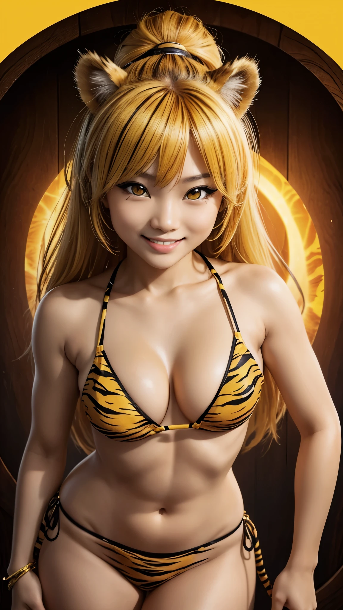 she is a tiger beastman。Yellow tiger eye、Beautiful Face、yellow skin、Beautiful Skin、smile、tiger print bikini、Tiger print hair、smallest、Chibi、