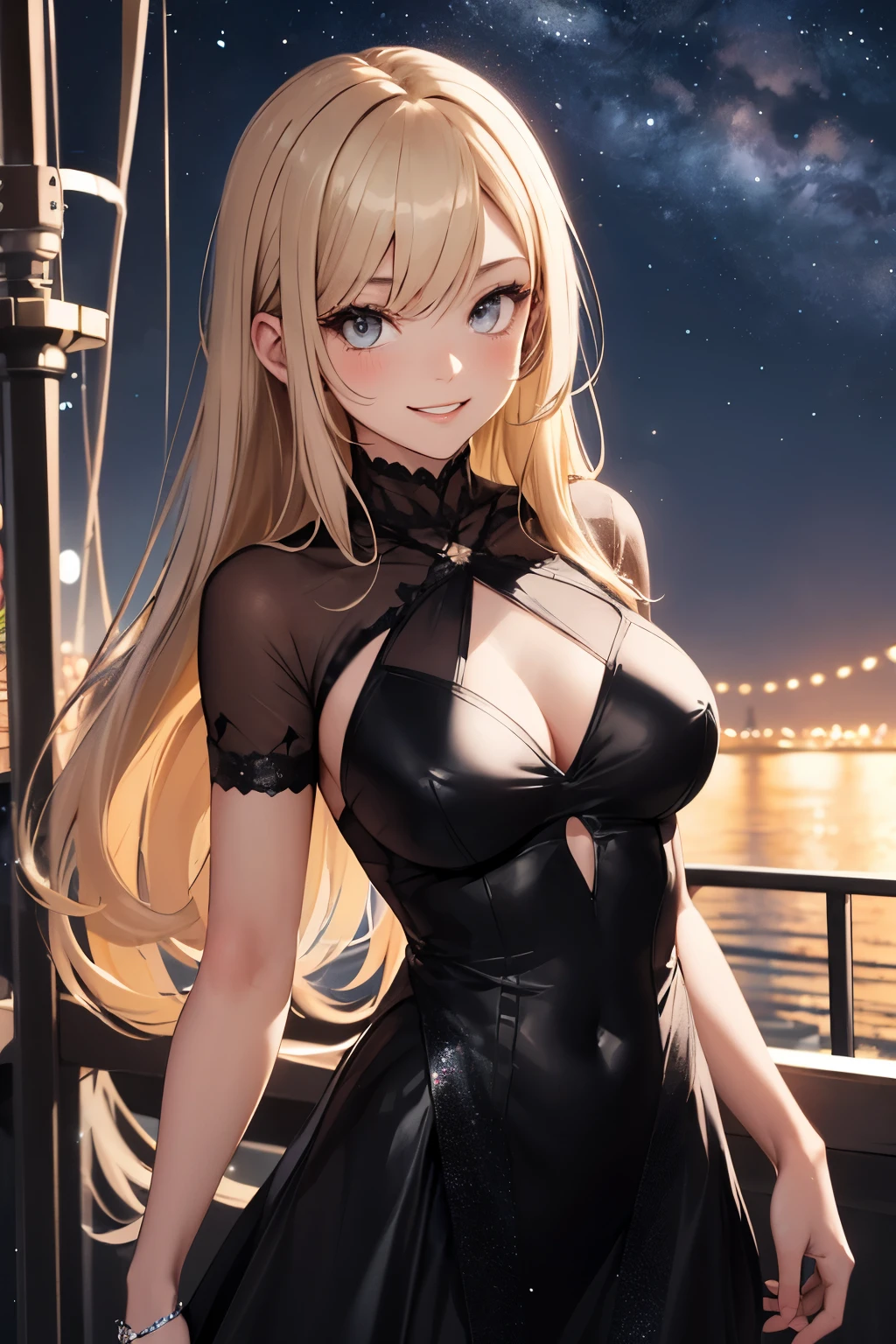 Girl with long dark blonde hair with bangs and grey eyes wearing a beautiful black sparkling dress in the middle of the night in a ship. She has a sassy smile. The sky is black