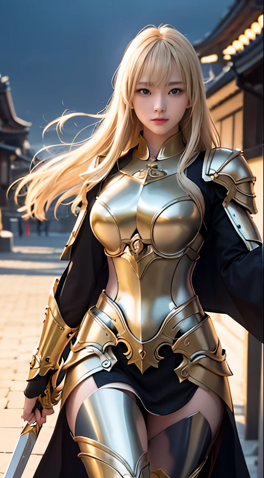 Blonde Japan Woman。A majestic paladin in golden armor, Wield a sword imbued with radiant light, and has a huge golden shield. Paladin's blue eyes shine with determination as he walks through the dark and mysterious streets.. The radiance of the Paladin's sword illuminates the surroundings., Revealing intricate details、Add a cinematic touch to your compositions. The overall aesthetics are、It captures the beauty and depth of the scene., Reminiscent of Fujifilm photography.