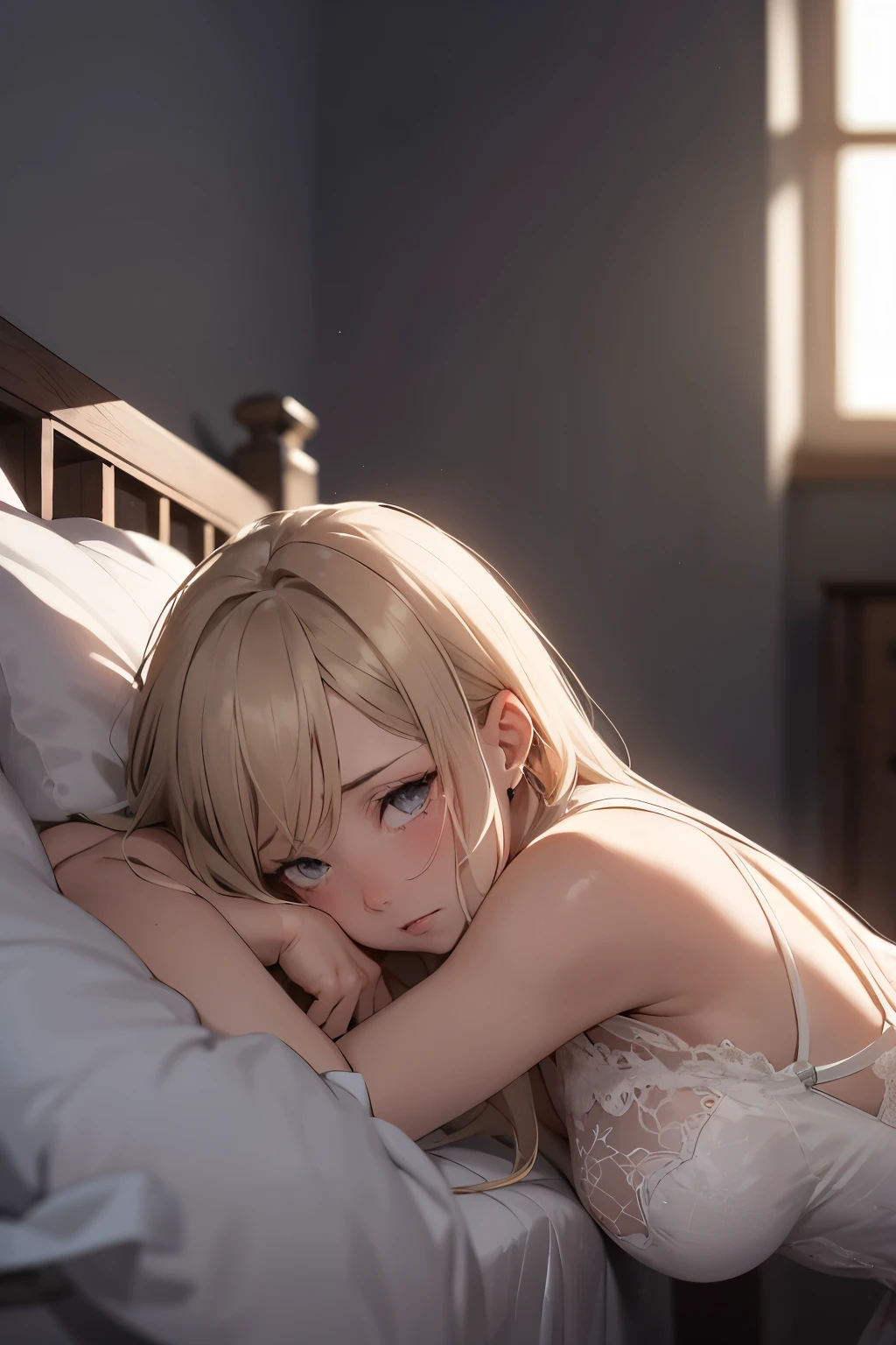 Girl with long dark blonde hair and grey eyes wearing a white long poet dress lying down on a grey bed crying in the dark. All the room is grey