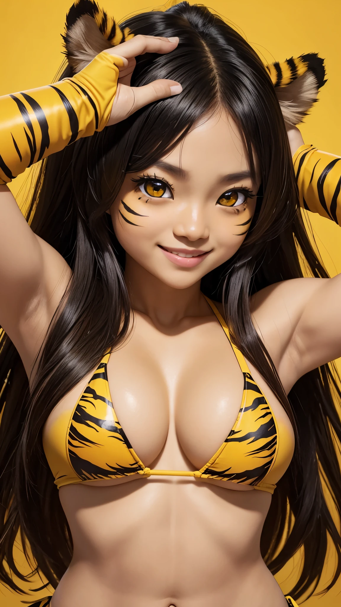 she is a tiger beastman。Yellow tiger eye、Beautiful Face、yellow skin、Beautiful Skin、smile、tiger print bikini、Tiger print hair、smallest、Chibi、