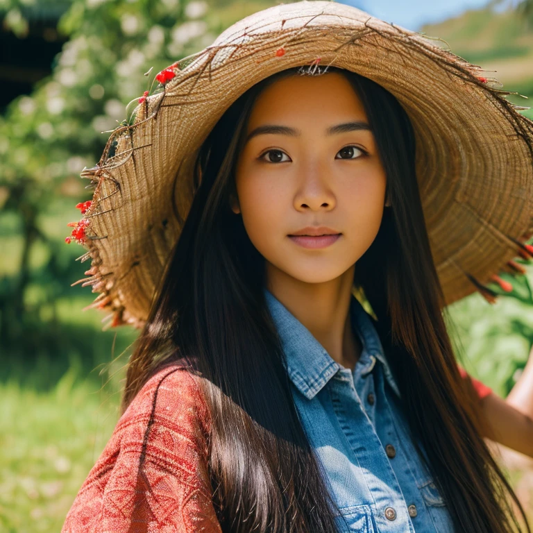 Young Asian woman with long, flowing hair, Looking at the camera,) Focus on the face clearly,) The countryside outdoors has bright red flowers all around and an old thatched hut., Wearing a short blue jean jacket.,Cropped waist,)  Exaggerated colors,) 8K images, Shot with a high quality camera with 45000000000 pixels.