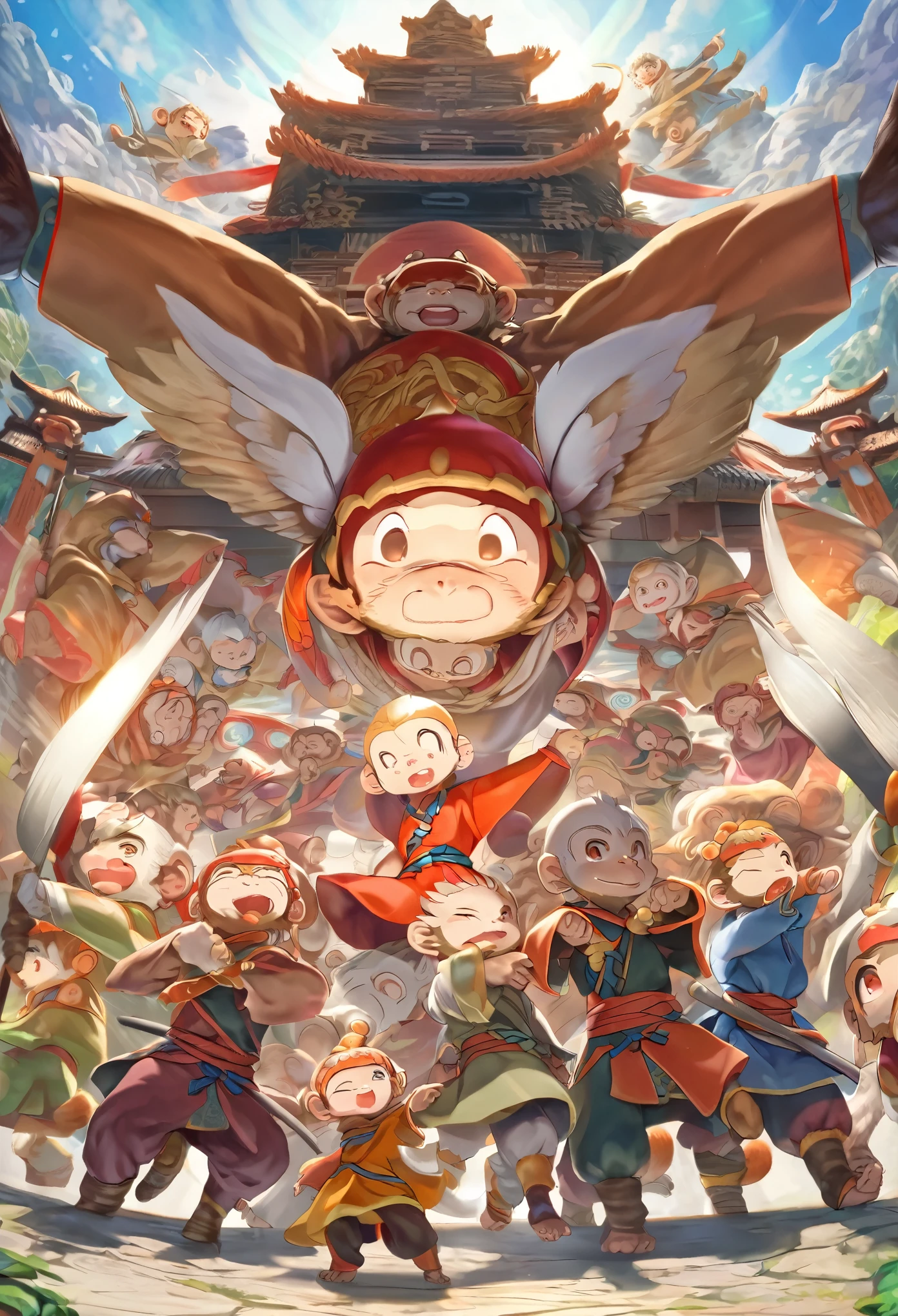 dynamic angle, top quality, best quality, High-quality illustrations, masterpiece, super high resolution, detailed background, detailed background, Monkey A Journey to the West, action, group shot:0.1, 6+boys, 6+girls, absurdres(highly detailed beautiful face and eyes)perfect anatomy, expression, good lighting, cinematic shadow(kemono, furry anthro),