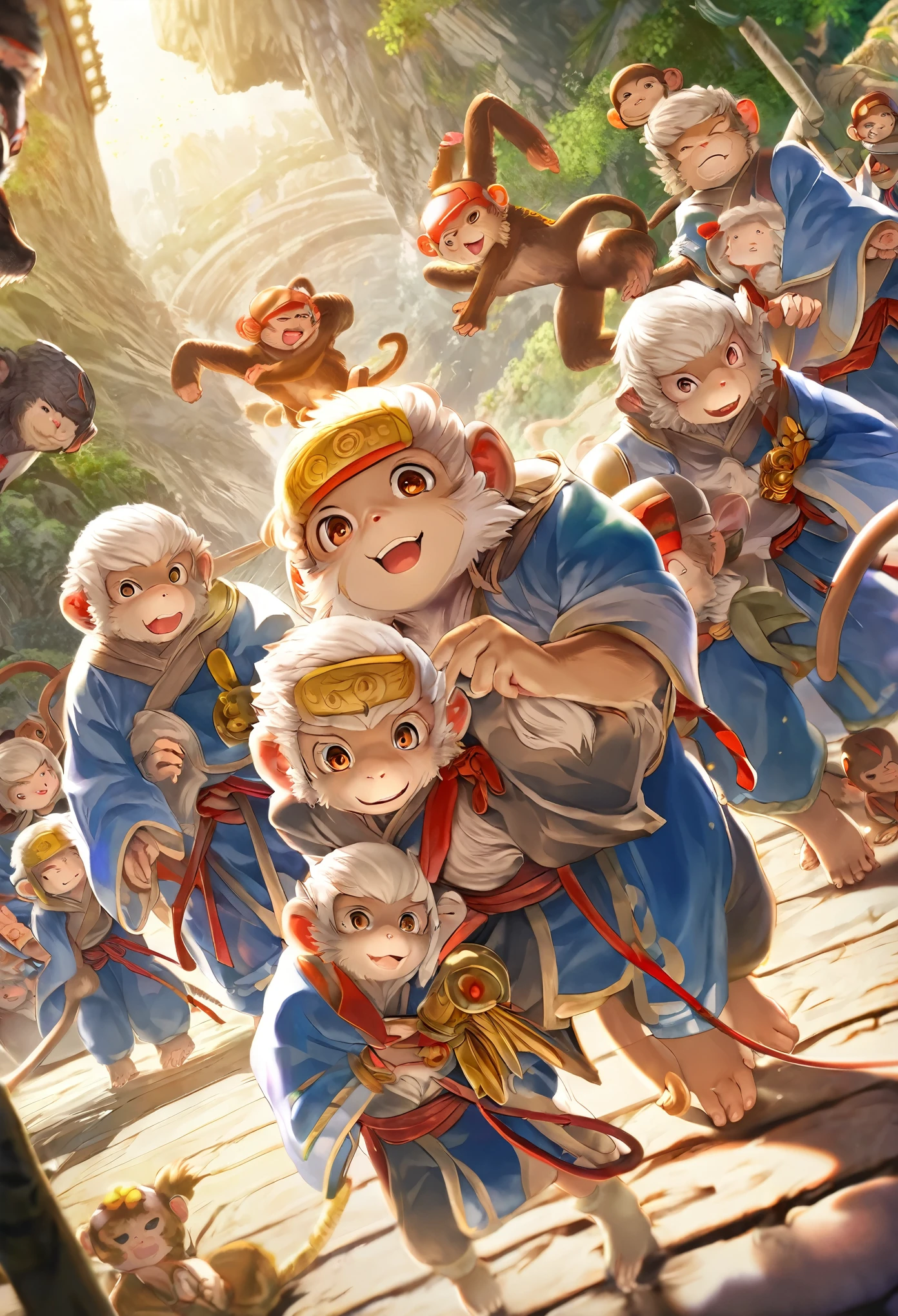 dynamic angle, top quality, best quality, High-quality illustrations, masterpiece, super high resolution, detailed background, detailed background, Monkey A Journey to the West, action, group shot:0.1, 6+boys, 6+girls, absurdres(highly detailed beautiful face and eyes)perfect anatomy, expression, good lighting, cinematic shadow(kemono, furry anthro),