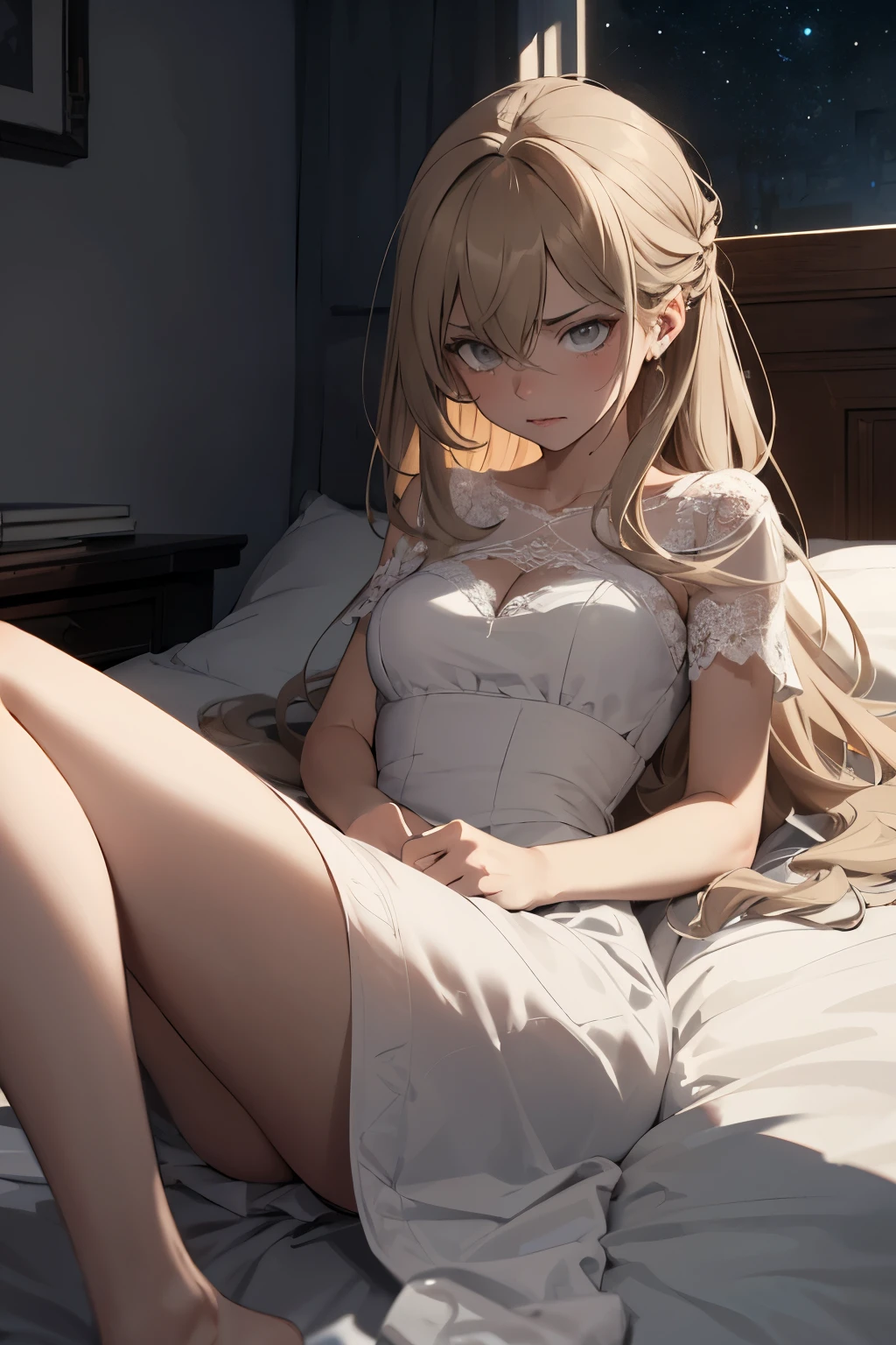 Girl with long dark blonde hair and grey eyes wearing a white long poet dress lying down on a grey bed crying in the dark. All the room is grey. She is also angry