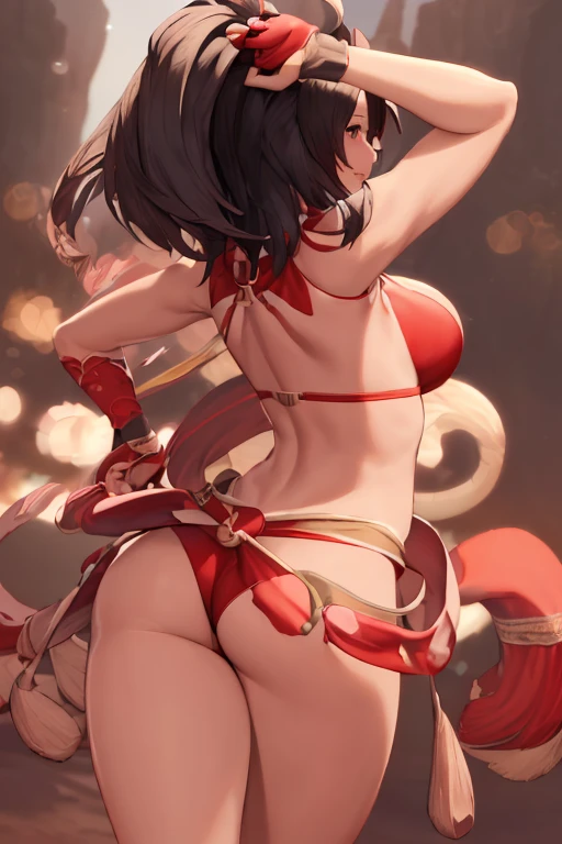 masterpiece, best quality, beautiful art, high resolution, well formed hands, body and fingers, 1 woman, solo, Mai Shiranui, adult, big breasted, cleavage, wearing a sexy dancer outfit, full body, sexy and skimpy dancer outfit, sexy Japanese clothes, pelvic curtain, red panties peeking, gorgeous legs and thighs , dancing seductively and erotically, turning backwards and forwards, showing her back and front, showing her butt, t -back, smiling joyfully, looking at the viewer, flirting, beach environment