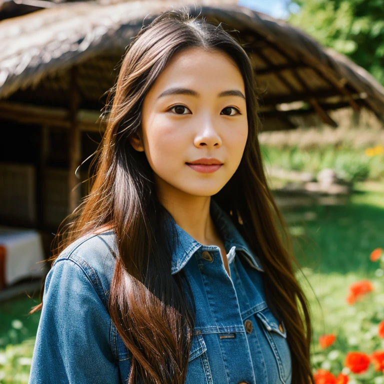 Young Asian woman with long, flowing hair, Looking at the camera,) Focus on the face clearly,) The countryside outdoors has bright red flowers all around and an old thatched hut., Wearing a tight blue jean jacket.,Cropped waist,) Exaggerated colors,) 8K images, Shot with a high quality camera with 45000000000 pixels.