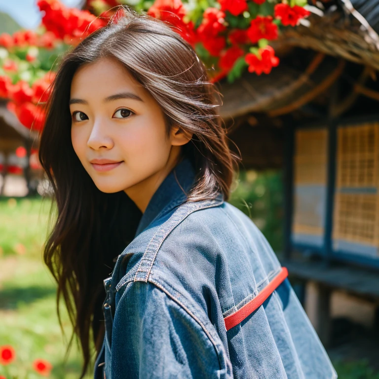 Young Asian woman with long, flowing hair, Looking at the camera,) Focus on the face clearly,) The countryside outdoors has bright red flowers all around and an old thatched hut., Wearing a tight blue jean jacket.,Cropped waist,) Exaggerated colors,) 8K images, Shot with a high quality camera with 45000000000 pixels.