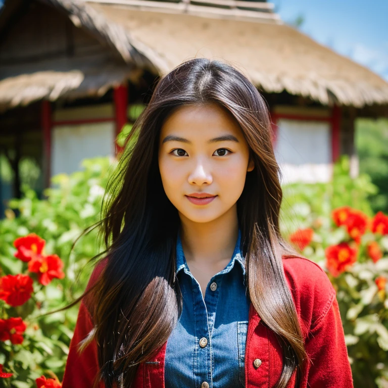 Young Asian woman with long, flowing hair, Looking at the camera,) Focus on the face clearly,) The countryside outdoors has bright red flowers all around and an old thatched hut., Wearing a tight blue jean jacket.,Cropped waist,) Exaggerated colors,) 8K images, Shot with a high quality camera with 45000000000 pixels.