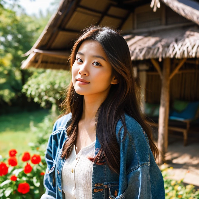Young Asian woman with long, flowing hair, Looking at the camera,) Focus on the face clearly,) The countryside outdoors has bright red flowers all around and an old thatched hut., Wearing a tight blue jean jacket.,Cropped waist,) Exaggerated colors,) 8K images, Shot with a high quality camera with 45000000000 pixels.