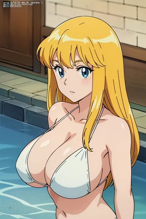 (anime cels style, Masterpiece, best quality, high resolution, anime colored, megami magazine:1.2, anime poster style, anime keyvisual, sharp, 8k, photorealistic), (beautiful eyes:1.5), reiko_aiwaifu, 1woman, milf, blond hair, long hair, (sagging huge breast), micro bikini, cleavage, (upper body:1.5), sitting, (perfect detailed anatomy, perfect arms, perfect fingers, beautiful face, perfect body, shiny skin), onsen,