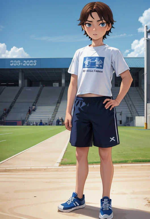 Masterpiece, high resolution, high quality, intricate details, full body portrait, front view, 1boy, solo, 13 years old boy, teenage male, short brown hair, blue eyes, looking at viewer, worried and uneasy expression, ((Wearing: White Gym T-shirt, Black Gym shorts, and blue sneakers)), standing, hands on hips, looking at viewer, (Background: outdoors, middle school track field, blue sky, clouds in the sky),
