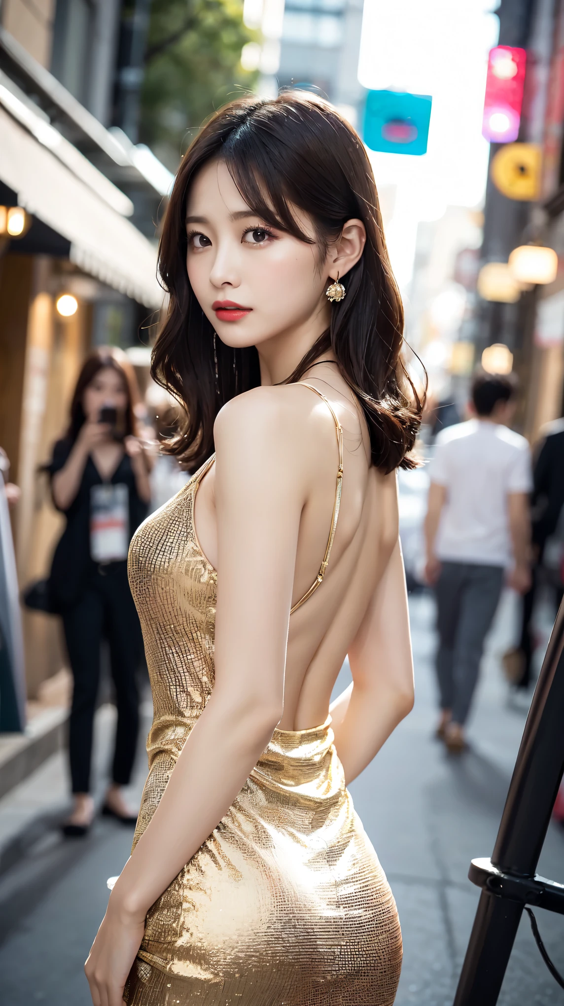 1 female, Beautiful Japanese actresses, Age 25, Double Eye,mile, Detailed face, Big earrings，Flashy makeup using red eyeshadow，light brown delicate middle cut hair，The tips of the hair are wavy，Classy hairstyle，Fine grain,Slender actress, Small hips, Side Bust Barbosa),Butt crack, Bare waist, Bare back:1.3),Sexy silk embroidered mermaid dress:1.2), break long black hair, BREAK ceremony, Red carpet, Official Art，Highly detailed CG Unity 8k wallpaper, (masterpiece:1.0),(highest quality:1.0), photo shoot, 8k, Browsing Caution, High resolution, Kodak Portrait 400, Film Grain, Lens flare brilliance,Show Viewer, View from the front