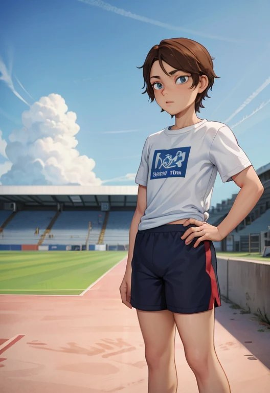 Masterpiece, high resolution, high quality, intricate details, full body portrait, front view, 1boy, solo, ************ boy, teenage male, short brown hair, blue eyes, looking at viewer, worried and uneasy expression, ((Wearing: White Gym T-shirt, Black Gym shorts, and blue sneakers)), standing, hands on hips, looking at viewer, (Background: outdoors, ************* track field, blue sky, clouds in the sky),
