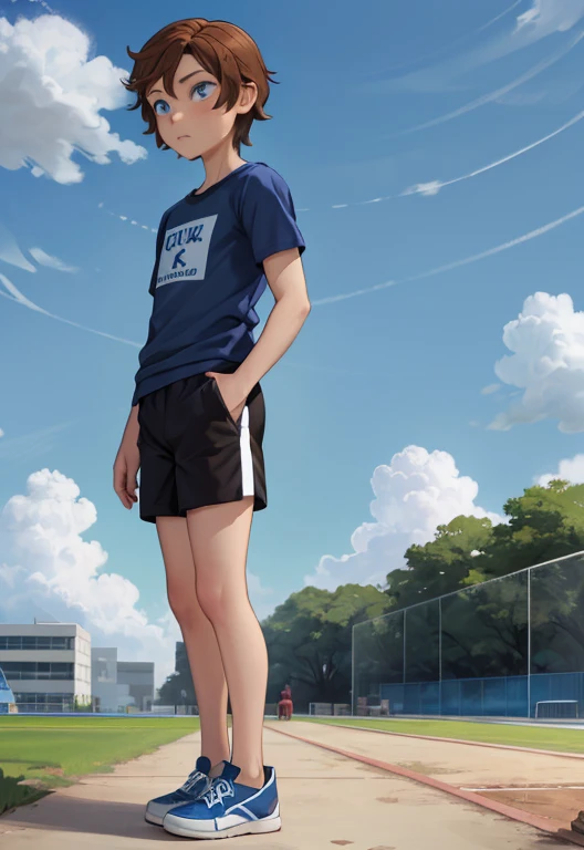 Masterpiece, high resolution, high quality, intricate details, full body portrait, front view, 1boy, solo, 13 years old boy, teenage male, short brown hair, blue eyes, looking at viewer, worried and uneasy expression, ((Wearing: White Gym T-shirt, Black Gym shorts, and blue sneakers)), standing, hands on hips, looking at viewer, (Background: outdoors, middle school track field, blue sky, clouds in the sky),
