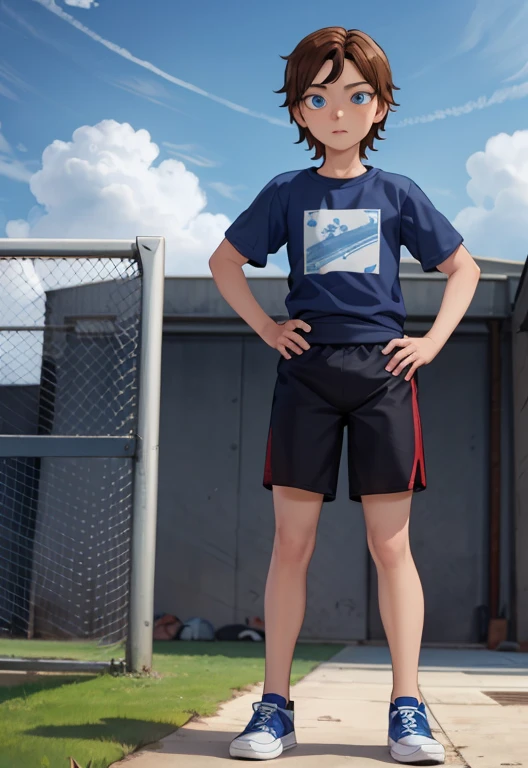 Masterpiece, high resolution, high quality, intricate details, full body portrait, front view, 1boy, solo, 13 years old boy, teenage male, short brown hair, blue eyes, looking at viewer, worried and uneasy expression, ((Wearing: White Gym T-shirt, Black Gym shorts, and blue sneakers)), standing, hands on hips, looking at viewer, (Background: outdoors, middle school track field, blue sky, clouds in the sky),
