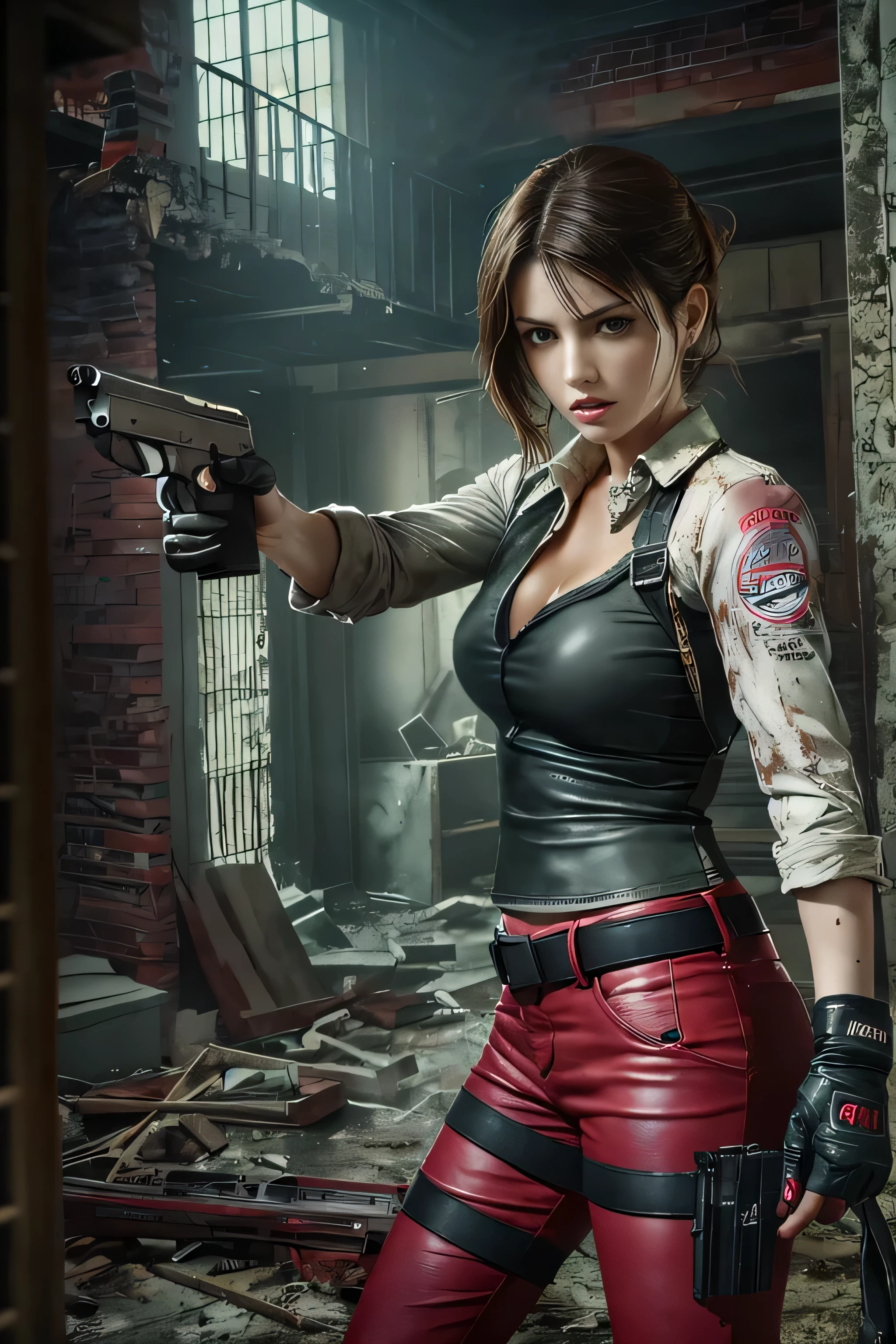 Resident Evil, Linda Claire Redfield, Recrie a arma em detalhes、Rosto elaborado、Melhores belezas、Standing with long legs open、pernas de beleza、tight white jeans、jaqueta de couro suja、Segure uma metralhadora、Fotos animadas、Camisa suja de suor e lama、Camisa justa、In the dark ruins, being targeted by someone、Desenhe uma metralhadora com detalhes precisos、((Vista traseira legal、virou-se、Emphasis on beautiful buttocks))、((The sound of blood spatter after being shot、cair、Feridos fatalmente、intenso tiroteio、contra-ataque com metralhadora、Atire ao redor、cair coberto de sangue))、((tiro de busto、Feridos fatalmente、feroz tiroteio、Lute com uma metralhadora、Atire ao redor、cair coberto de sangue))