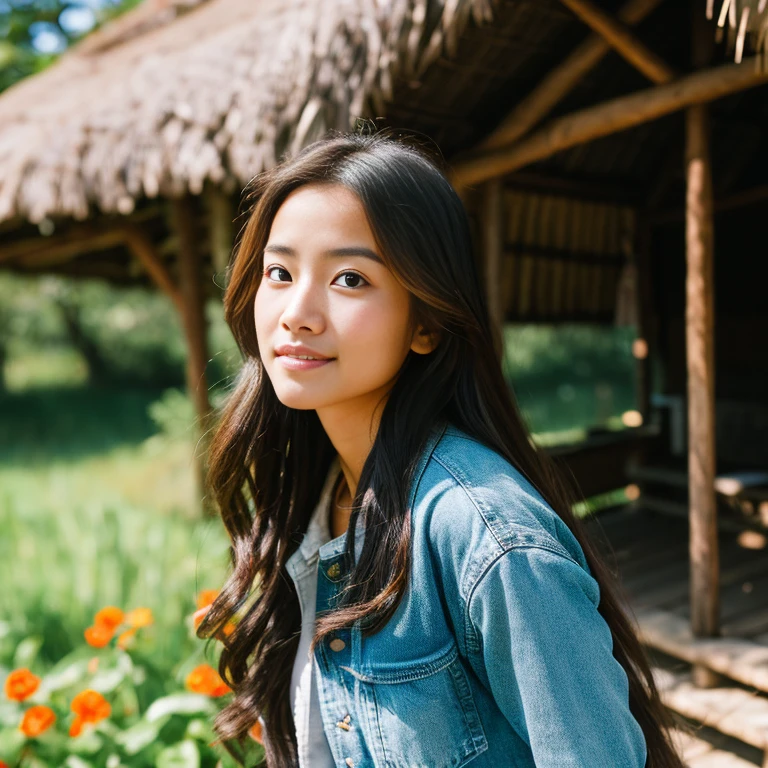 Young Asian woman with long, flowing hair, Looking at the camera,) Focus on the face clearly,) The countryside outdoors has bright red flowers all around and an old thatched hut., Wearing a tight blue jean jacket.,Smooth, shiny belly, floating waist.,) Exaggerated colors,) 8K images, Shot with a high quality camera with 45000000000 pixels.