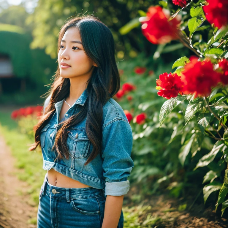 Young Asian woman with long, flowing hair, Looking at the camera,) Focus on the face clearly,) The countryside outdoors has bright red flowers all around and an old thatched hut., Wearing a tight blue jean jacket.,Smooth, shiny belly, floating waist.,) Exaggerated colors,) 8K images, Shot with a high quality camera with 45000000000 pixels.