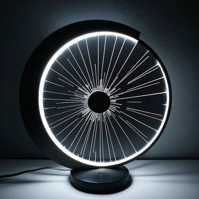 Through darkness to light - modern lamp geometric pattern in black metal, LED backlight, centrifugal force, flash, speed