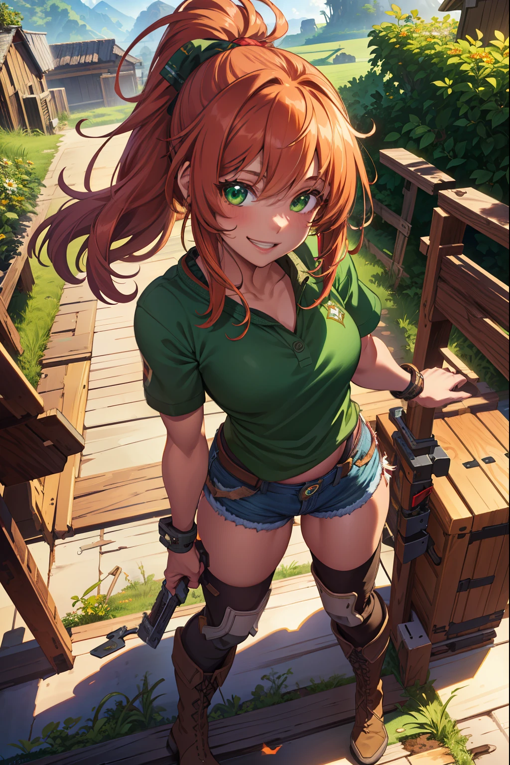 (extremely detailed CG unity 4k wallpaper),(masterpiece),(best quality),(ultra-detailed),(best illustration),(best shadow),(absurdres),(detailed background), Red long hair (Ponytail), green eyes, Daisy dukes, Smiling, Boots, Farm,