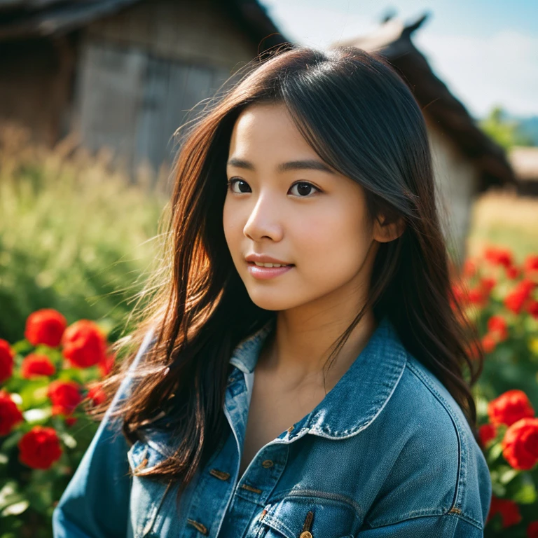 Young Asian woman with long, flowing hair, Looking at the camera,) Focus on the face clearly,) The countryside outdoors has bright red flowers all around and an old thatched hut., Wearing a tight blue jean jacket.,Smooth, shiny belly, floating waist.,)  Exaggerated colors,) 8K images, Shot with a high quality camera with 45000000000 pixels.