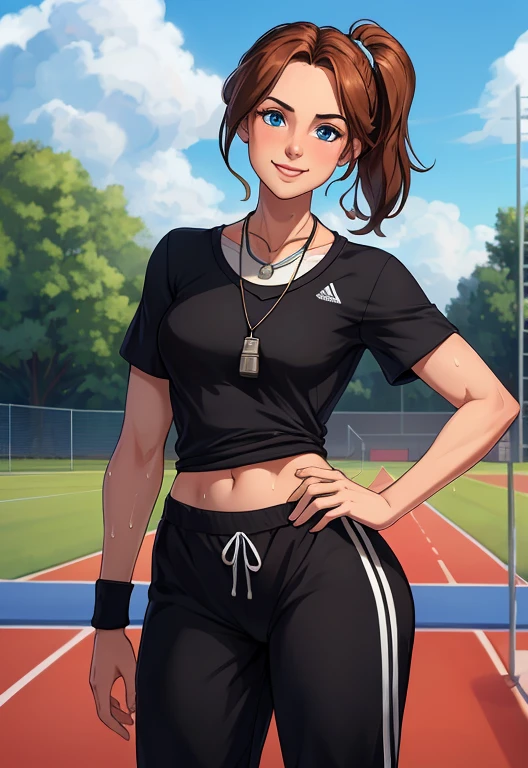 masterpiece, best quality, 1girl, portrait, 37 year old woman, short brown hair, ponytail styled hair, blue eyes, medium breasts, perfect model body, ((Wearing: White Gym T-shirt, Black Gym sweat pants, whistle necklace and black tennis shoes)), smile, standing, hands on hips, looking at viewer, (Background: outdoors, track field, blue sky, clouds in the sky),