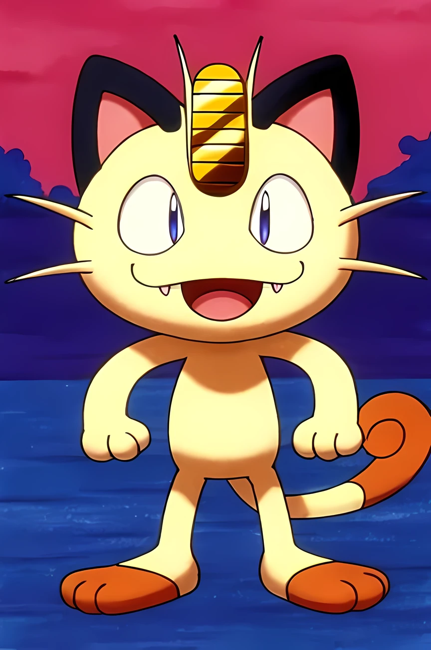 Meowth, Pokemon, front view, smile, closed mouth, looking at player, 1990s style