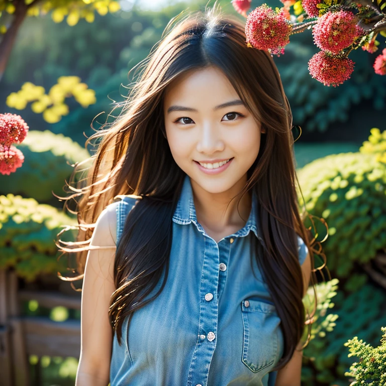 Young Asian woman with long, flowing hair, Looking at the camera,) Focus on the face clearly,) The countryside outdoors has bright red flowers all around and an old thatched hut., Wearing a tight blue jean jacket.,Smooth, shiny belly, floating waist.,) Exaggerated colors,) 8K images, Shot with a high quality camera with 45000000000 pixels.