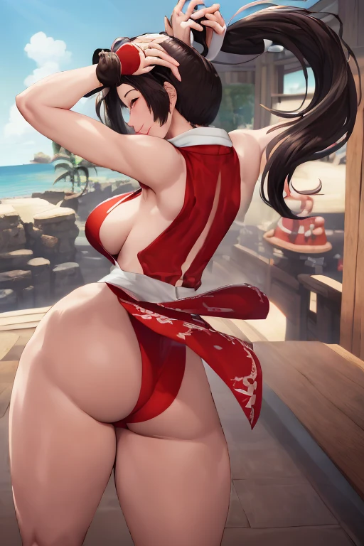 masterpiece, best quality, beautiful art, high resolution, well formed hands, body and fingers, 1 woman, solo, Mai Shiranui, adult, big breasted, cleavage, wearing a sexy dancer outfit, full body, sexy and skimpy dancer outfit, sexy Japanese clothes, pelvic curtain, red panties peeking, gorgeous legs and thighs , dancing seductively and erotically, turning backwards and forwards, showing her back and front, showing her butt,   t -back, smiling joyfully, looking at the viewer, flirting, beach environment 