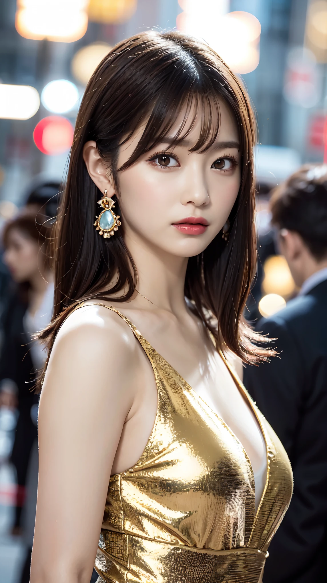 1 female, Beautiful Japanese actresses, Age 25, Double Eye,mile, Detailed face, Big earrings,Flashy makeup using red eyeshadow,light brown delicate middle cut hair,The tips of the hair are wavy,Classy hairstyle,Fine grain,Slender actress, Small hips, Side Bust Barbosa), Sexy silk embroidered mermaid dress:1.2), break long black hair, BREAK ceremony, Red carpet, Official Art,Highly detailed CG Unity 8k wallpaper, (masterpiece:1.0),(highest quality:1.0), photo shoot, 8k, Browsing Caution, High resolution, Kodak Portrait 400, Film Grain, Lens flare brilliance,Show Viewer